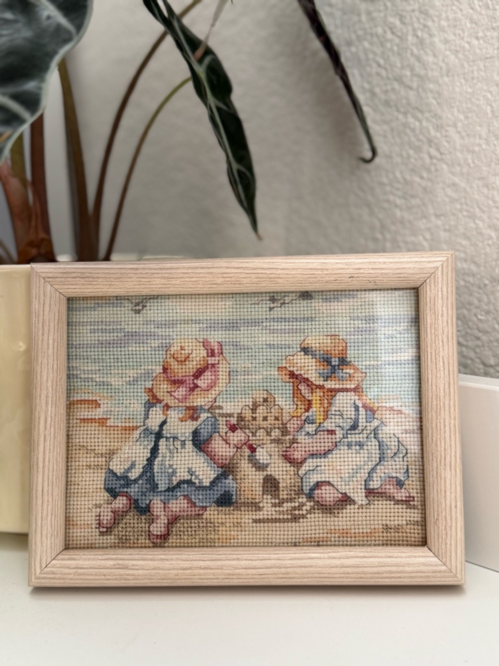 Beach Girls Cross Stitch Needlepoint in Blue, Pink, Beige